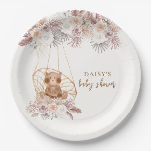 Boho Teddy Bear Pampas Flower Baby Shower Paper Plates