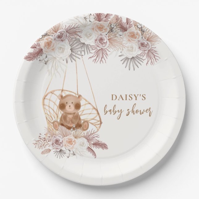 Boho Teddy Bear Pampas Flower Baby Shower  Paper Plates (Front)