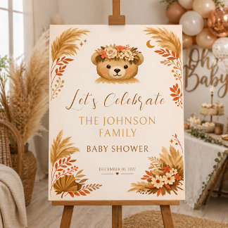 Boho Teddy Bear Pampas Grass Floral Baby Shower Foam Board