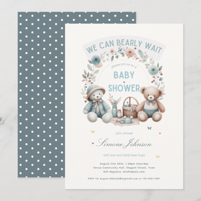 Boho Teddy Bear Picnic Baby Shower Themed Boys Invitation (Front/Back)