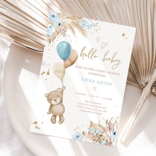 Boho Teddy Bear Picnic Boy Blue Baby Shower Invitation