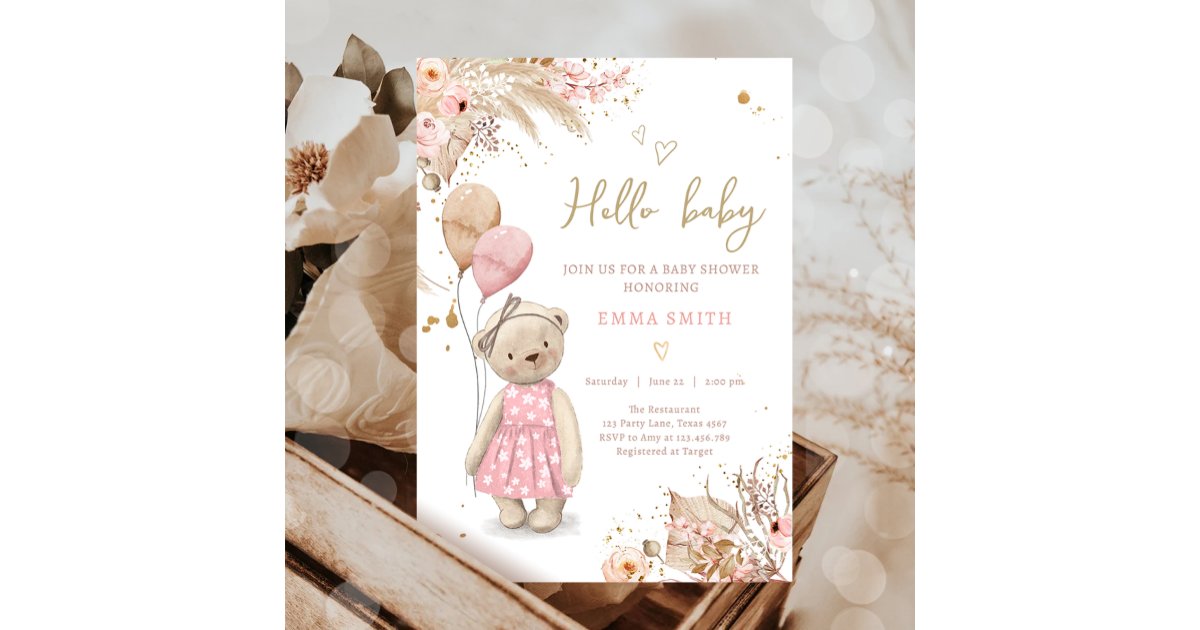 Boho Teddy Bear Picnic Girl Pink Baby Shower Invit Invitation | Zazzle