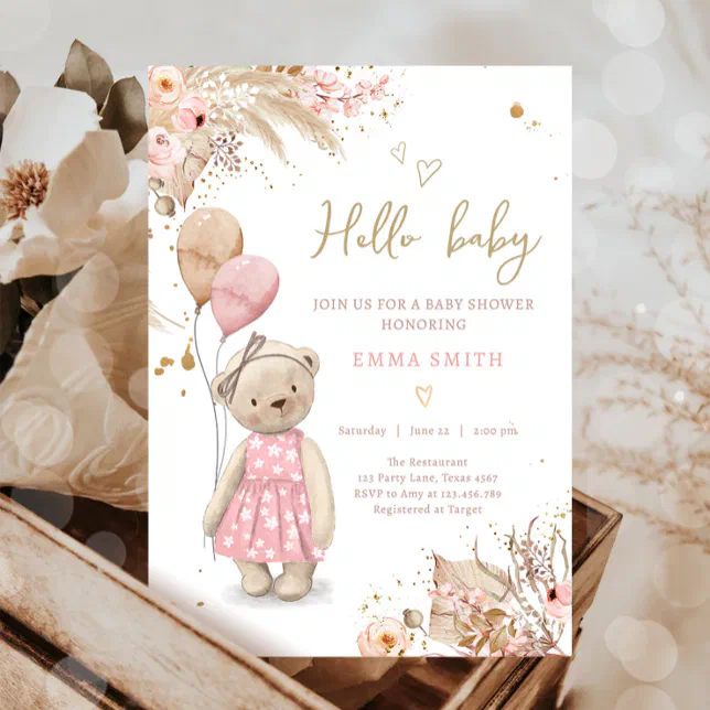 Boho Teddy Bear Picnic Girl Pink Baby Shower Invit Invitation | Zazzle