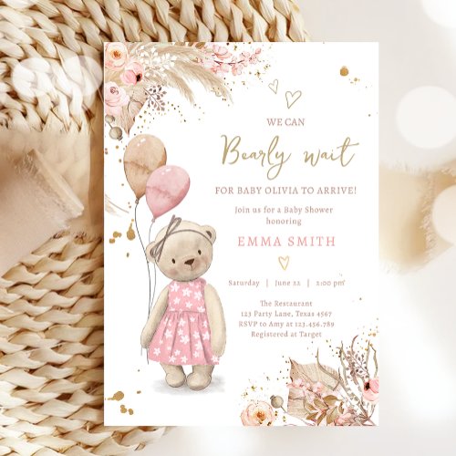 Boho Teddy Bear Picnic Girl Pink Baby Shower Invitation