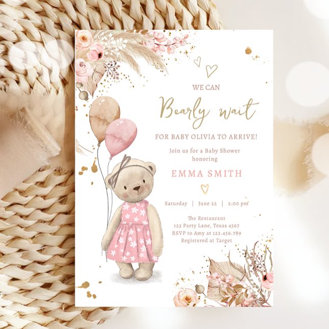 Boho Teddy Bear Picnic Girl Pink Baby Shower Invitation (Creator Uploaded)