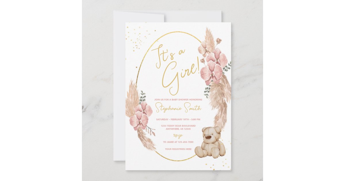 Boho Teddy Bear Pink and Gold Baby Shower Invitation | Zazzle