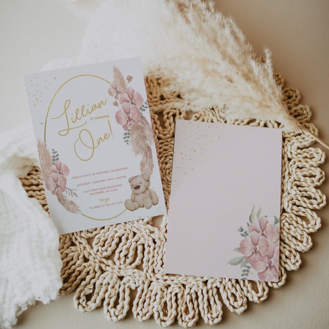 Boho Teddy Bear Pink and Gold Birthday Invitation (Creator Uploaded)
