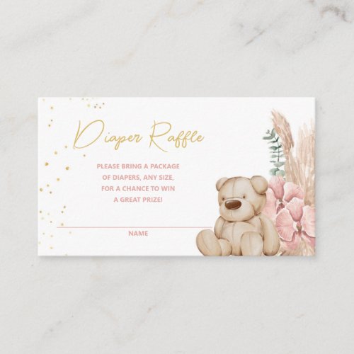 Boho Teddy Bear Pink and Gold Diaper Raffle Enclosure Card