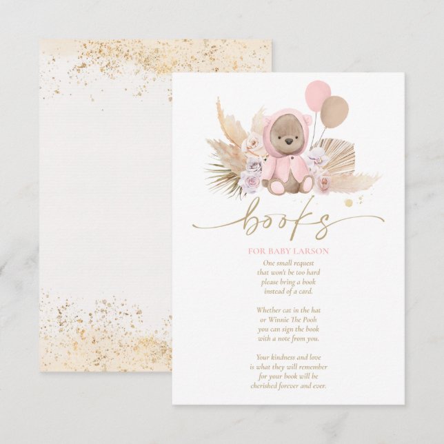 Boho Teddy Bear Pink Baby Shower Books For Baby Enclosure Card (Front/Back)