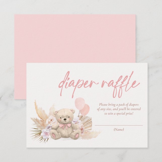 Boho Teddy Bear Pink Baby Shower Diaper Raffle Enclosure Card (Front/Back)