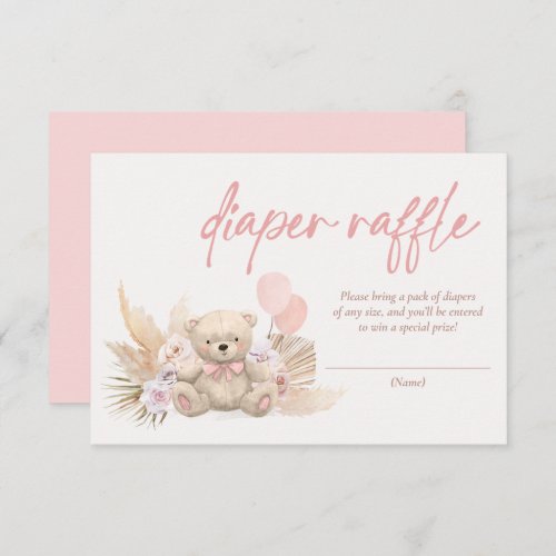 Boho Teddy Bear Pink Baby Shower Diaper Raffle Enclosure Card