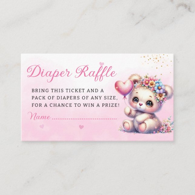 Boho Teddy Bear Pink Baby Shower Diaper Raffle  Enclosure Card (Front)