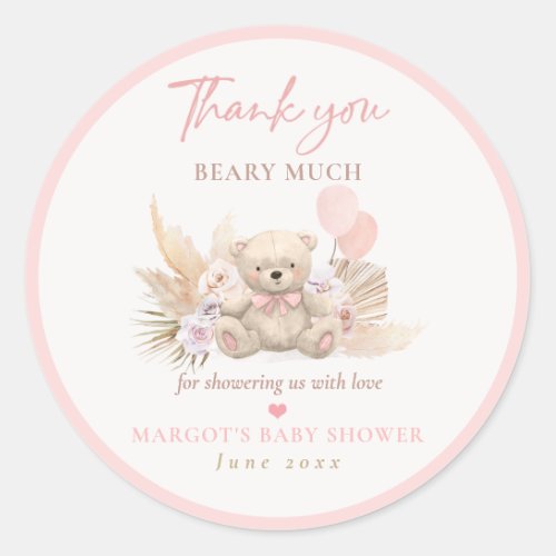 Boho Teddy Bear Pink Bearly Wait Baby Shower Favor Classic Round Sticker