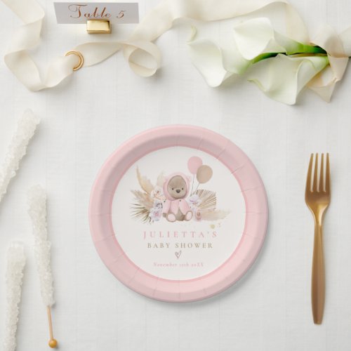 Boho Teddy Bear Pink Bearly Wait Baby Shower Paper Plates