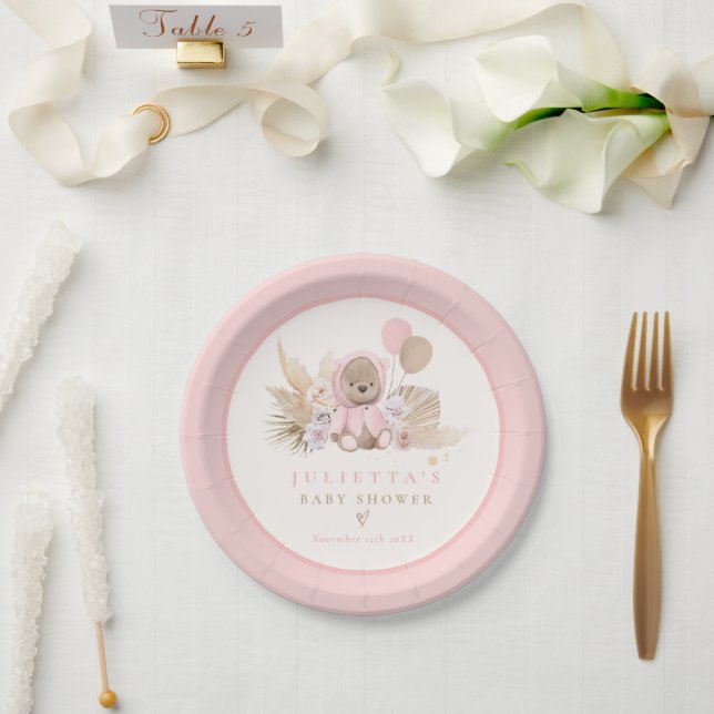 Boho Teddy Bear Pink Bearly Wait Baby Shower Paper Plates (Wedding)