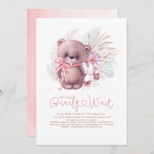Boho Teddy Bear Pink Bearly Wait Girl Baby Shower Invitation