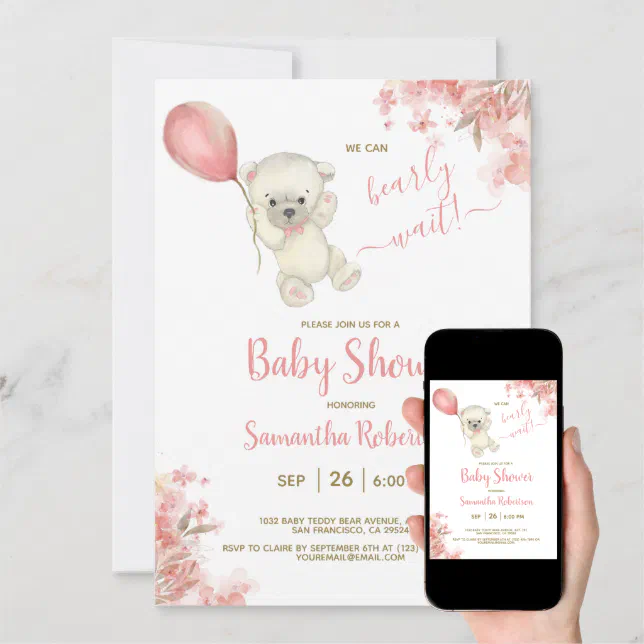 Boho Teddy Bear Pink Floral Balloon Baby Shower Invitation | Zazzle