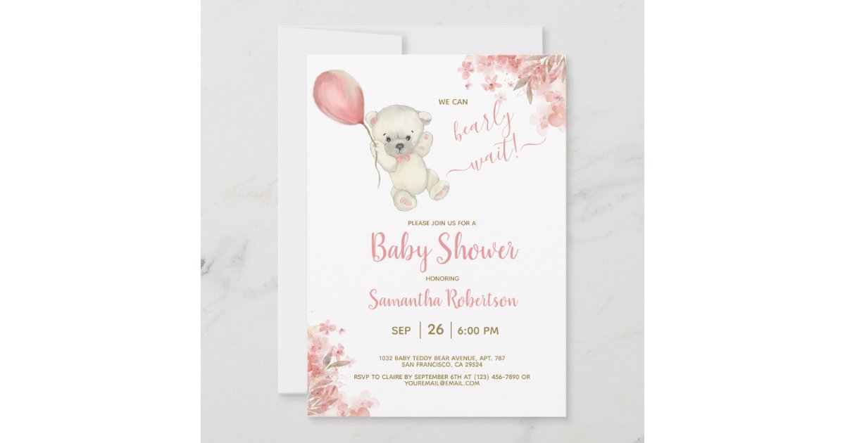 Boho Teddy Bear Pink Floral Balloon Baby Shower Invitation | Zazzle