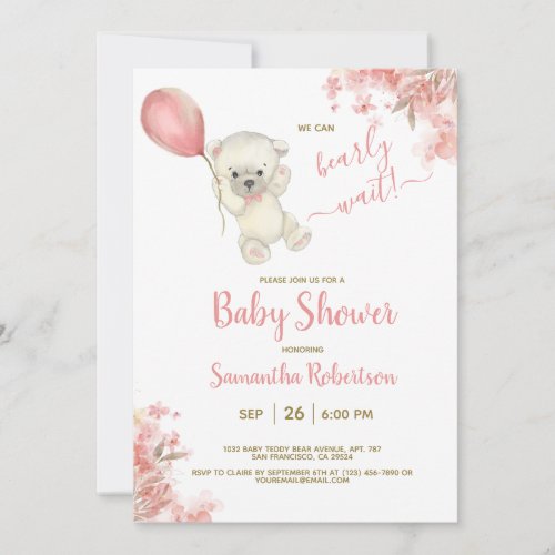 Boho Teddy Bear Pink Floral Balloon Baby Shower Invitation