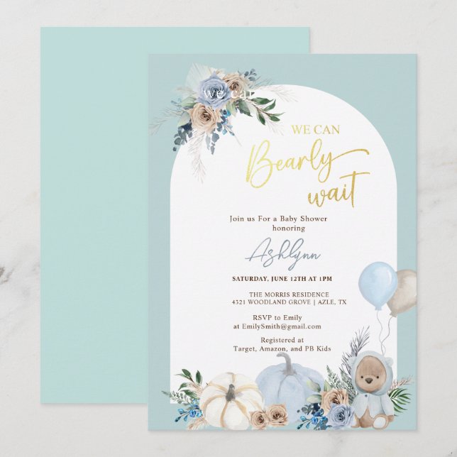 Boho Teddy Bear Pumpkin Boy Bearly Baby Shower Invitation (Front/Back)