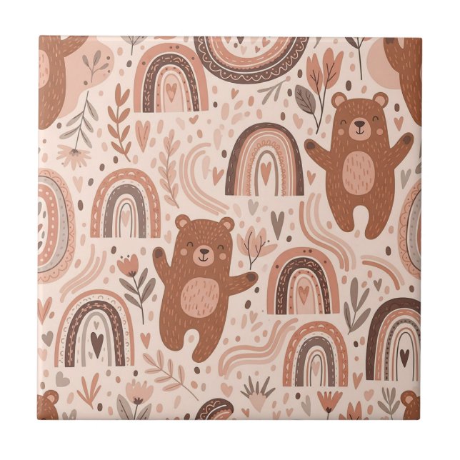 Boho Teddy Bear Rainbow Brown Beige Blush Ceramic Tile (Front)