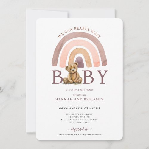 Boho Teddy Bear Rainbow Girl Pink Baby Shower  Invitation