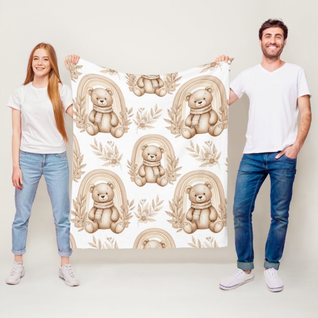 Boho Teddy Bear Rainbow Neutral Floral Fleece Blanket (In Situ)