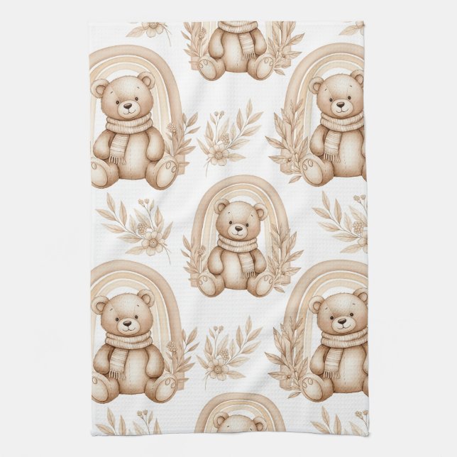 Boho Teddy Bear Rainbow Neutral Floral Kitchen Towel (Vertical)