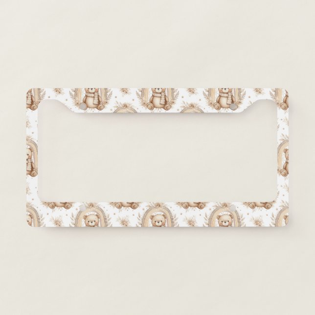 Boho Teddy Bear Rainbow Neutral Floral License Plate Frame (Front)
