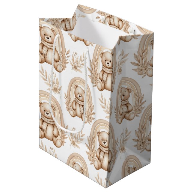 Boho Teddy Bear Rainbow Neutral Floral Medium Gift Bag (Front Angled)