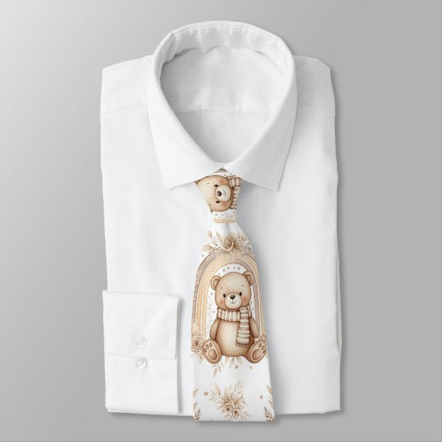 Boho Teddy Bear Rainbow Neutral Floral Neck Tie (Tied)