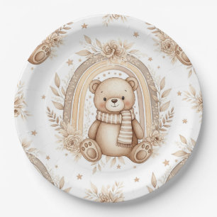 Boho Teddy Bear Rainbow Neutral Floral Paper Plates