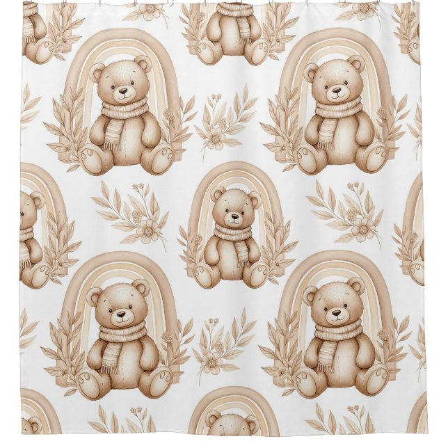 Boho Teddy Bear Rainbow Neutral Floral Shower Curtain (Front)