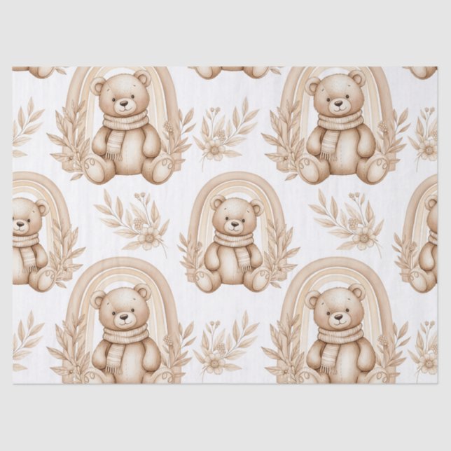 Boho Teddy Bear Rainbow Neutral Floral Tissue Paper (Front)