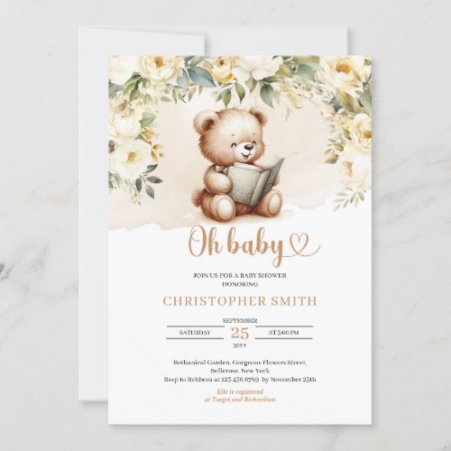 Boho teddy bear reading a book green and brown  invitation