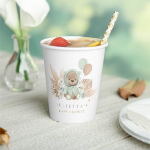 Boho Teddy Bear Sage Green Baby Shower Party Paper Cups