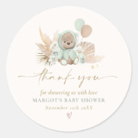 Boho Teddy Bear Sage Green Bearly Wait Baby Shower Classic Round Sticker