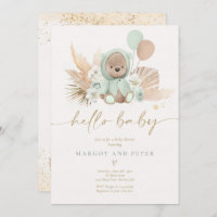 Boho Teddy Bear Sage Green Bearly Wait Baby Shower Invitation