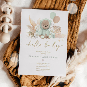 Boho Teddy Bear Sage Green Bearly Wait Baby Shower Invitation by PixelPerfectionParty at Zazzle