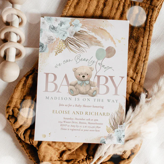 Boho Teddy Bear Sage Green Bearly Wait Baby Shower Invitation | Zazzle
