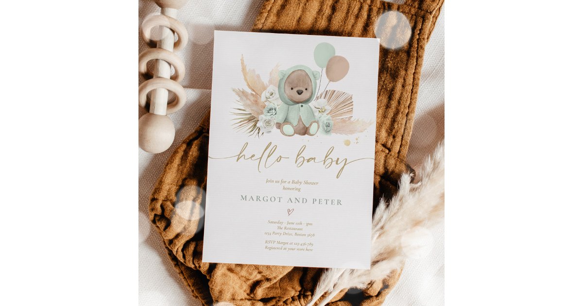 Boho Teddy Bear Sage Green Bearly Wait Baby Shower Invitation | Zazzle