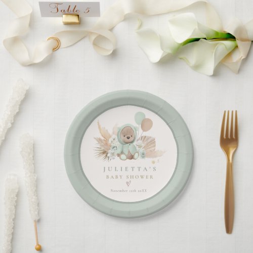 Boho Teddy Bear Sage Green Bearly Wait Baby Shower Paper Plates