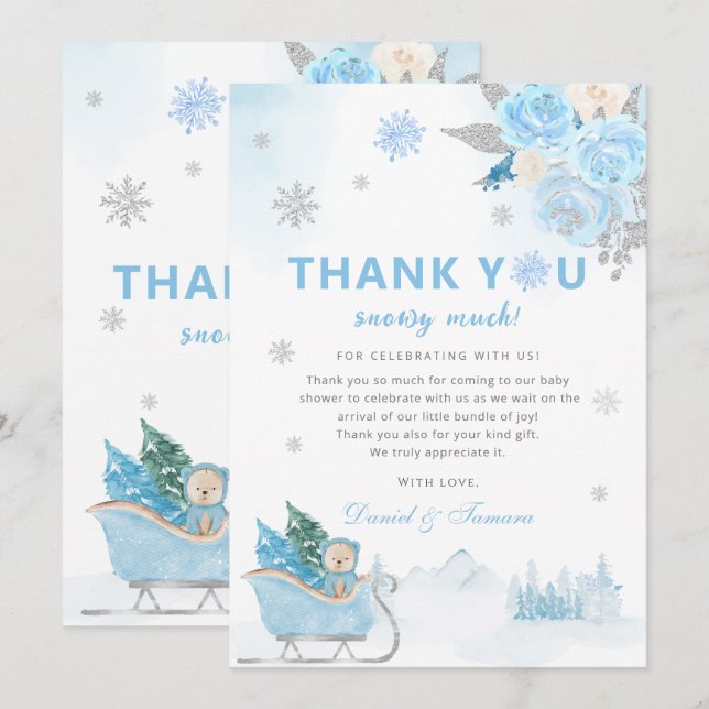 Boho Teddy Bear Snowflake Winter Baby Shower Thank You Card (Front/Back)