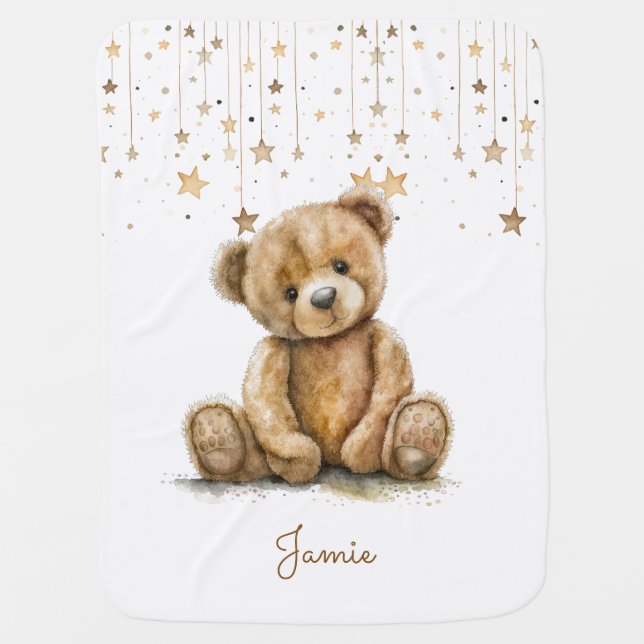 Boho Teddy Bear Stars Personalized Nursery Baby Blanket (Front)