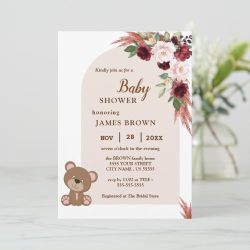 Boho Teddy Bear Stylist Baby Shower Invitation 