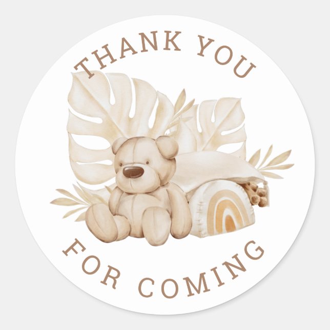 Boho Teddy Bear | Thank You Kids Birthday Party Classic Round Sticker (Front)