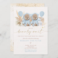 Boho Teddy Bear Twin Boys Bearly Wait Baby Shower Invitation