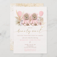 Boho Teddy Bear Twin Girls Bearly Wait Baby Shower Invitation