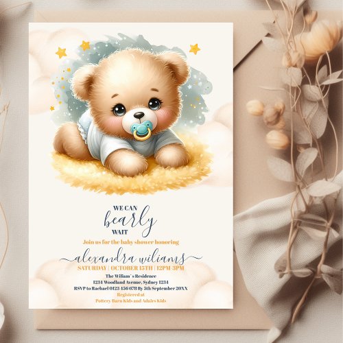 Boho Teddy Bear We Can Bearly Wait Baby Shower  Invitation