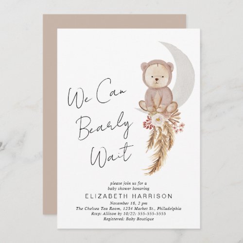 Boho Teddy Bear We Can Bearly Wait Baby Shower Invitation